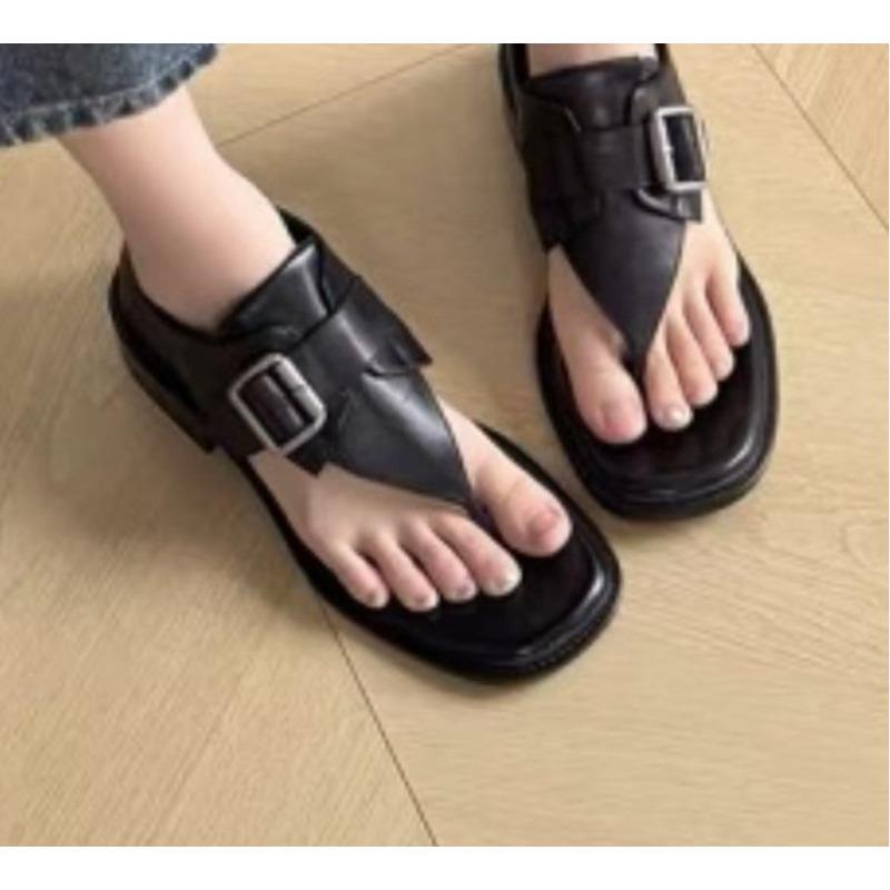 Fashion 2025 Newest Summer Retro Genuine Leather Thongs Buckle-Strap Woman Gladiator Sandals Mules Flip-Flops Beach Shoes Botas Mujer