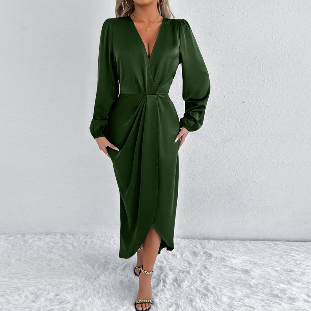 Women's Fashion Summer Sexy Solid Color V Neck Long Sleeved Dress