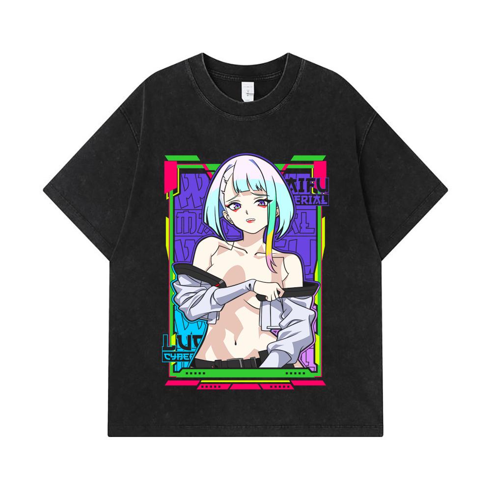 275 GSM Gewaschene T-Shirts 100% Baumwolle Cyberpunk V11 Lucy Waifu Print Unisex Schweres Baumwoll-T-Shirt
