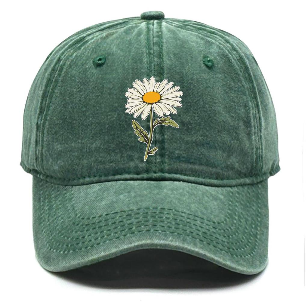 White Daisy Print Adjustable Sun Hat, Flower Sports Hat Cotton Inelastic Sun Protective Cozy Snapback Baseball Cap