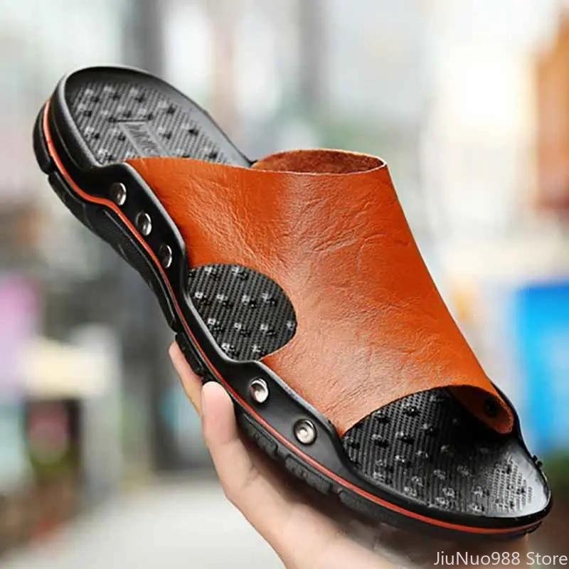 Big Size Men Slippers Summer Genuine Leather Casual Slides Street Fashion Beach Shoes Cow Leather Sandals