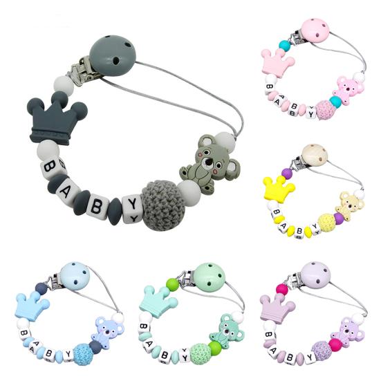 Clip pentru suzetă cu mărgele din silicon și litere din lemn Fără BPA Colier de dentiție pentru bebeluși Suport anti-pierdere pentru suzetă