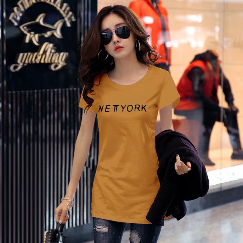 Women's Mid-Length Loose Letter T-Shirt, Korean Style Summer Casual Half-Sleeve White Top