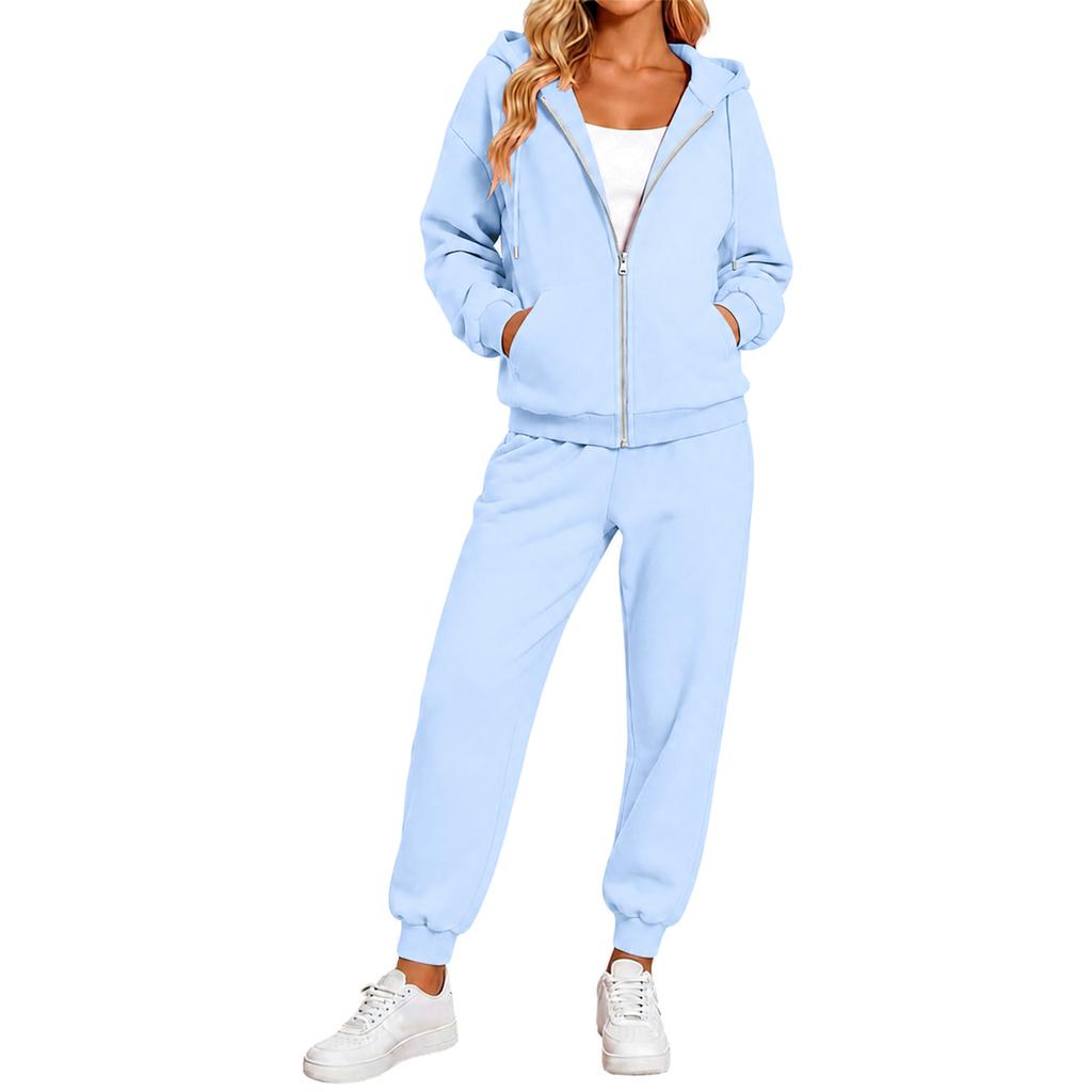 Women's Color Hooded Long Sleeve Track Suit with Pants for Running and Casual Wear