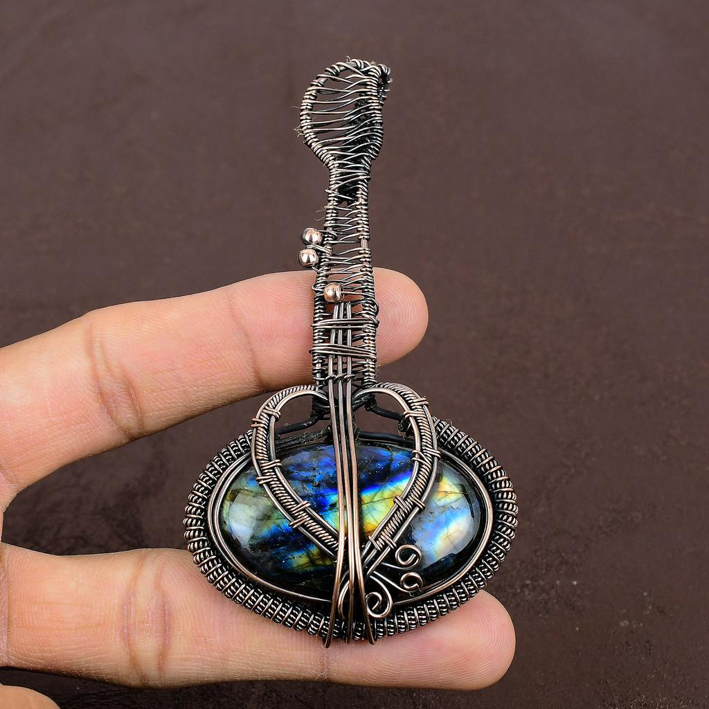 Labradorite Handmade Copper Wire Wrap Guitar Pendant 3.1" j1Q83