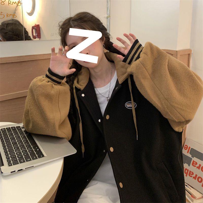 

Контрастная цветная строчка с капюшоном, куртка-толстовка для женщин, осень и зима, новый корейский стиль, свободная студенческая универсальная бейсбольная форма, тренд 3XL XXXL recommends 150--87.5 kg чёрный