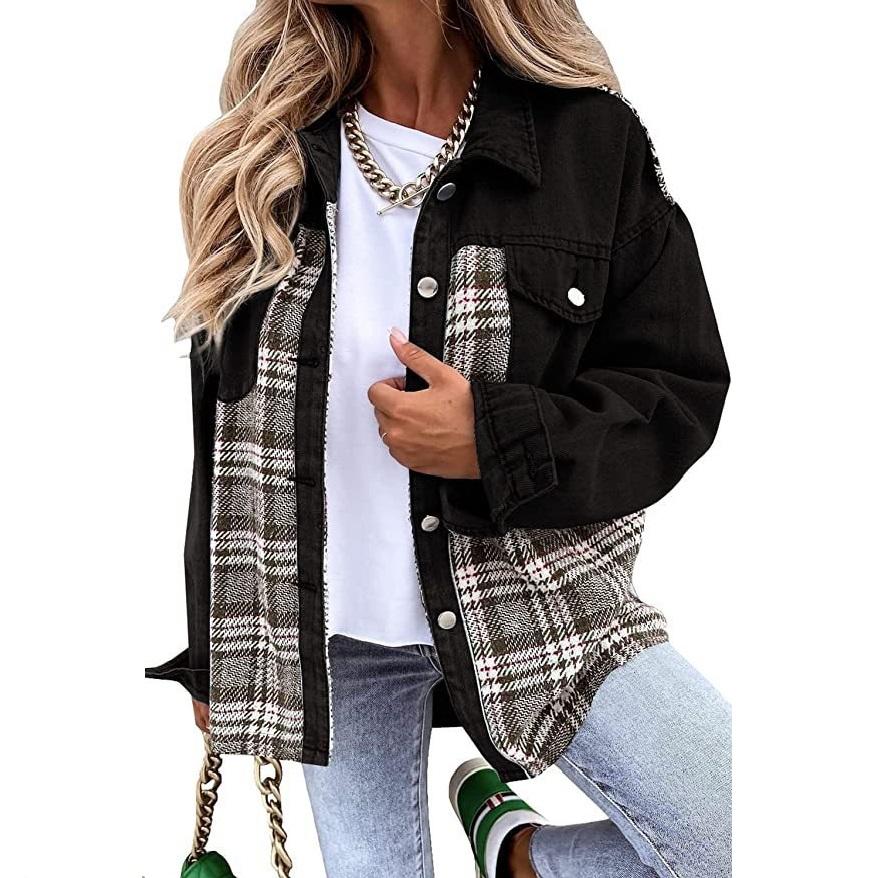 Autumn and Winter Women's Jeans Jackets, Denim Jacket Long Sleeved Checkered Button Down Shirt Jacket Top and Valve Pocket