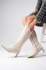Women Modern Stylish Fashion Boots Faux Leather Carolina Beige Color Zipper Thin Faux Fur Lined Short Heeled Boots