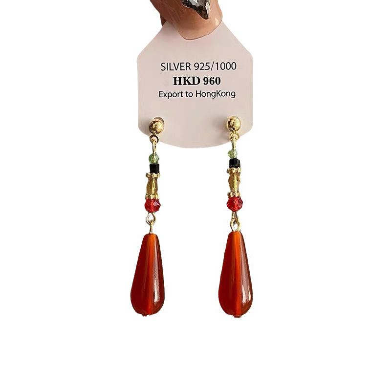 Ethnische Hanfu-Ohrringe im chinesischen Stil, roter Wassertropfen-Anhänger, Ohrclip-Schnalle, lange klassische Retro-Ohrhänger, Schmuckgeschenk