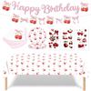 Cherry Party Decorations,Cherry Bow Birthday Banner Cherry Disposable Tablecloth Tattoo Stickers Fan-Shaped Cherry Bow Paper Plates with Napkin Sets