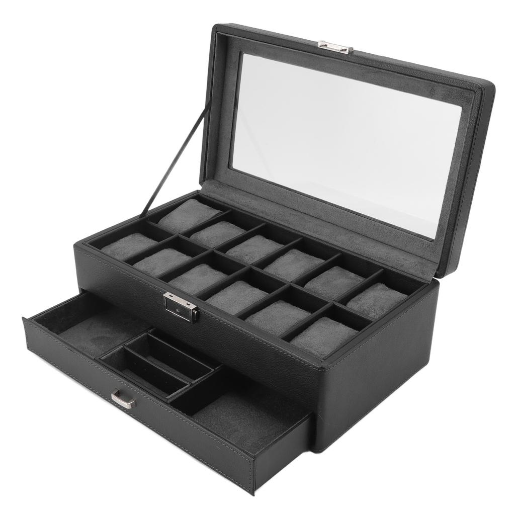 Organizator Cutie Ceas Model Litchi 12 Sloturi Cutie Depozitare Ceasuri Strat Dublu pentru Bărbați Femei Bijuterii