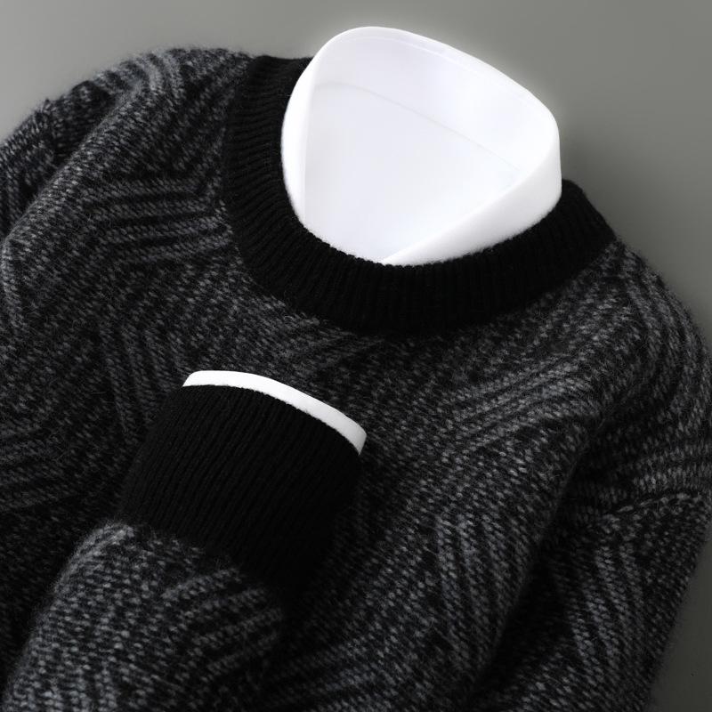 Men s Pure Wool Color Block Sweater - Round Neck, Thick Knit, Loose Fit, Business Casual. XL чёрный