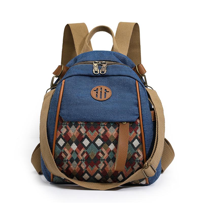 Vintage Color Block Backpack Ethnic Embroidery Shoulder Bag Large Capacity Backpack