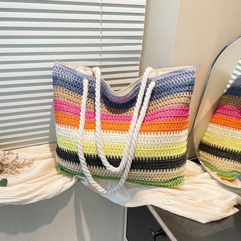 

Summer Contrast Color Stripe Tote Bag Literary Fresh Shoulder Bag Lazy Style Handbag