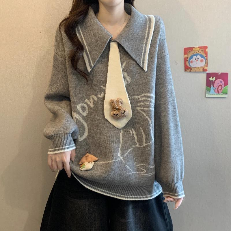 Maglione Scollo a Polo Stile College Ricamo Coniglio Donna Vestibilità Larga Maglieria Autunno