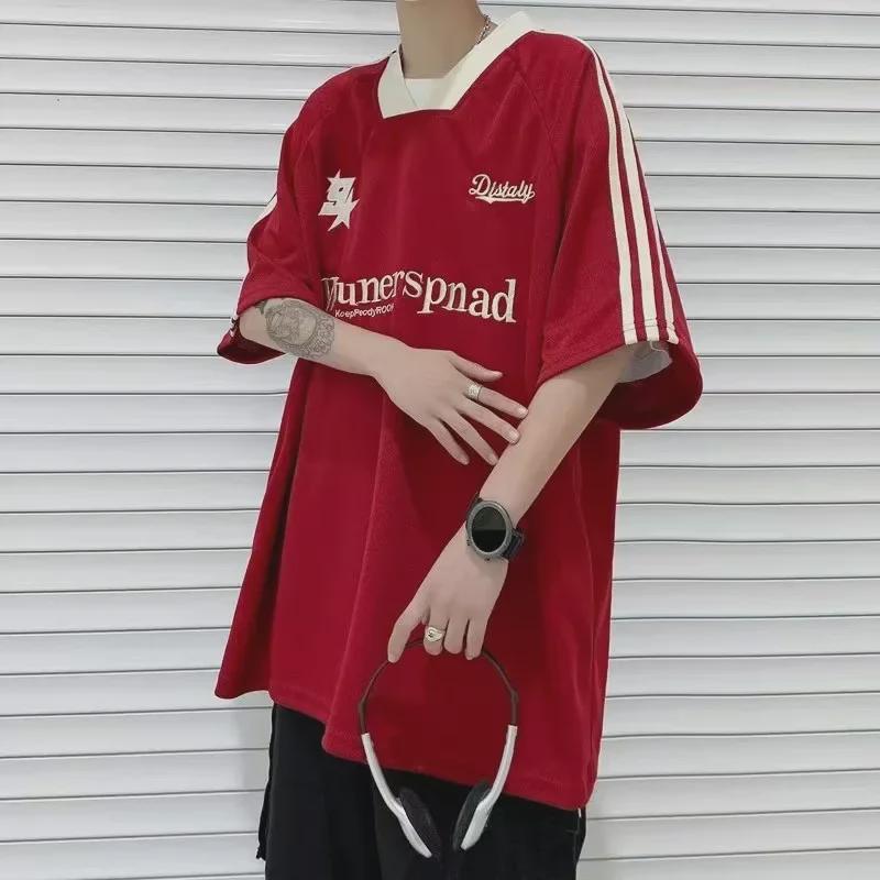 Unisex Retro V-Neck Embroidered Colorblock Half-Sleeve T-Shirt
