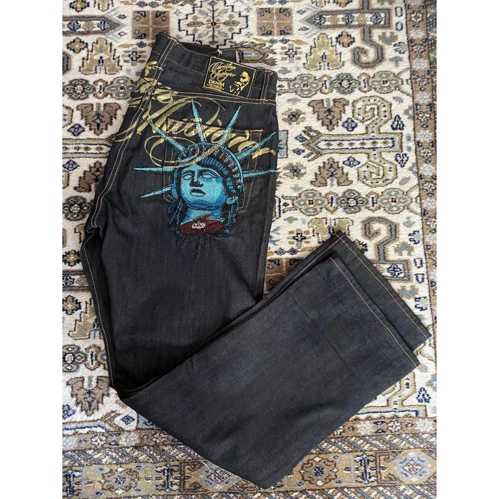 Vintage Statue of Liberty Diamonds Jeans Casual Denim Pants High Waist Straight Wide Leg Jeans Harajuku Y2k 2000s Women Clothing