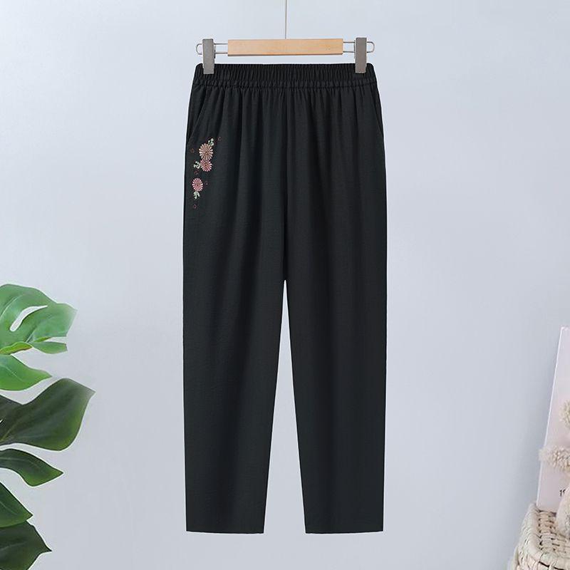 2026 Summer New Mother's Wear: Elastic Waist Casual Nine-Point Straight-Leg Cropped Pants for Elegant Middle-Aged and Elderly Women.