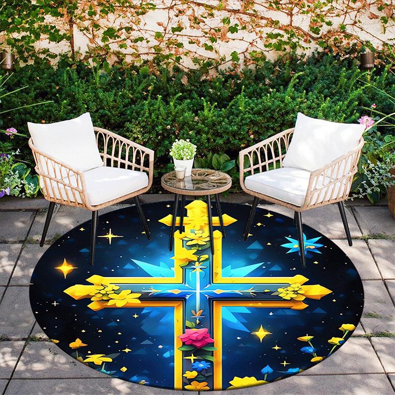 1pc Soft, Absorbent & Non Slip Cross Covered with Flowers Round Rug Soft Circle Rug for Living Room & Bedroom Decor, Chair Mats, and Unforge