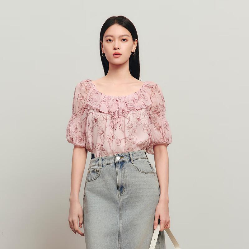 Sancai Women's Floral Print Ruffled Blouse