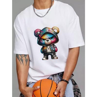 Felpa con Cappuccio Orsetto Carino T-shirt Bianca con Fantasia Orsetto Graffiti Colorato per Abbigliamento Casual e Outfit Street Style