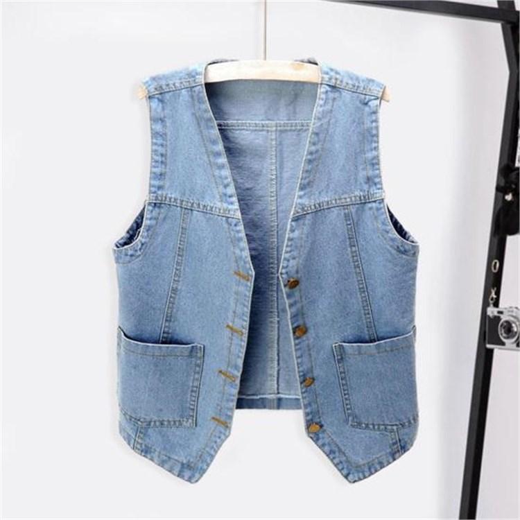 Plus Size Women Denim Waistcoat Vest Front Button Vintage V Neck Sleeveless Female Autumn Outerwear Cardigan Tops