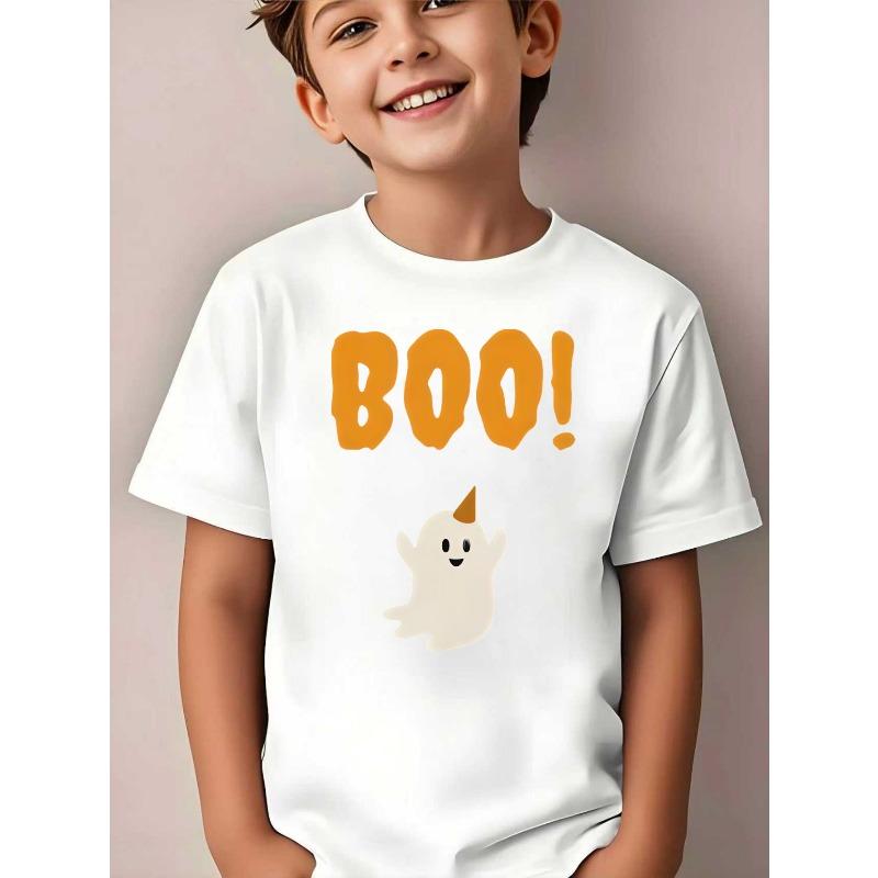 European sizes Fashionable Short-Sleeve T-Shirt for Boys Featuring a Cute Halloween Ghost with "BOO!" This Playful And Quirky Design