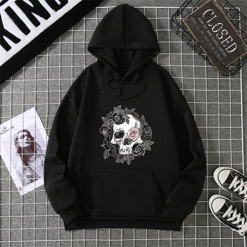 Autumn Winter Couple Style Sunflower Skull Print Hoodie Men Women Casual Simple Top Streetwear Sleeve Decorated Hoodie