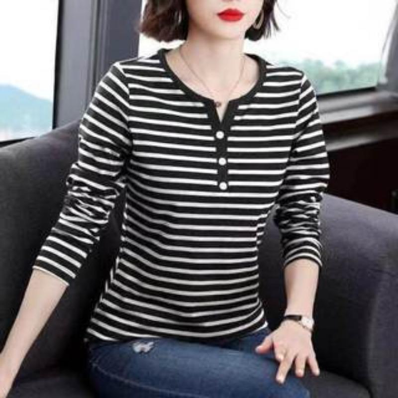 Long Sleeve Striped V Neck T Shirt Women Fitted Plus Size Casual Top