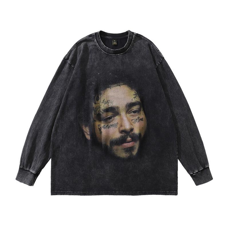 American Hip-Hop Portrait Direct Injection Printing Long-Sleeved T-Shirt Autumn Retro Crew Neck Sweater For Men And Women