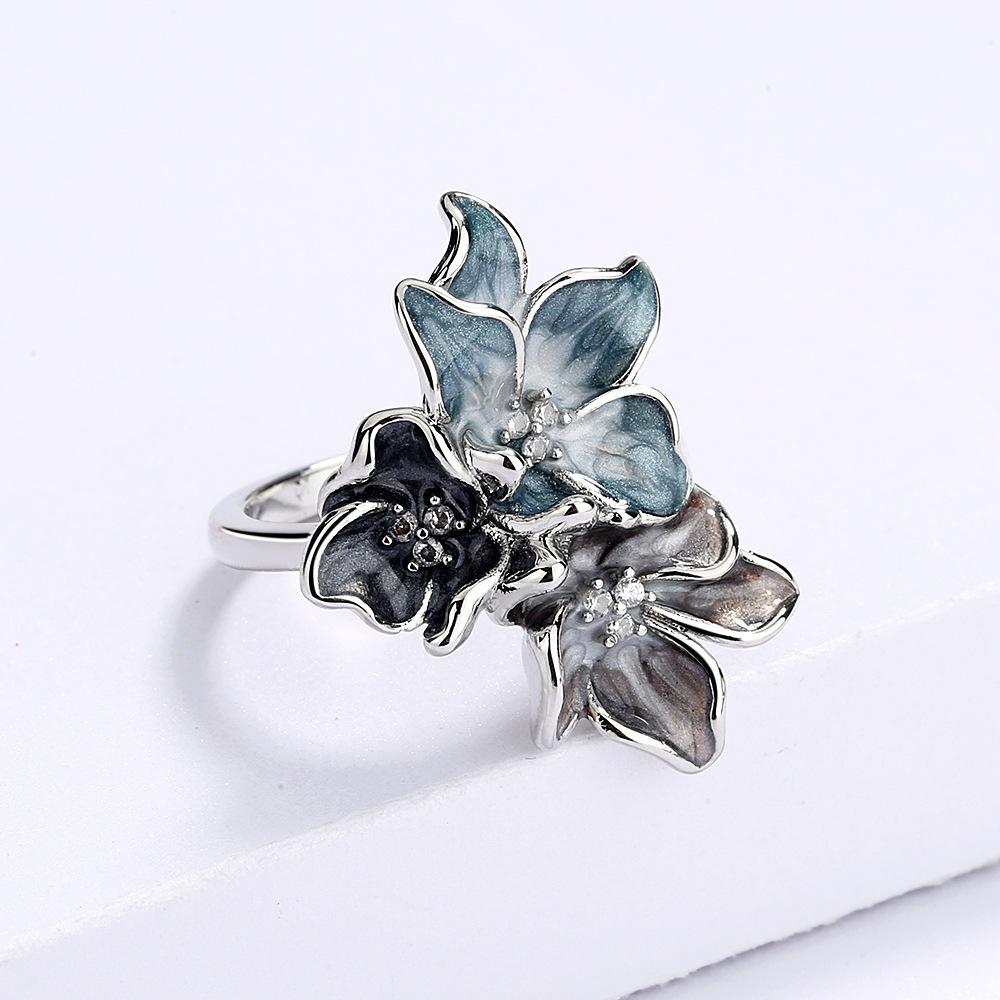 Export Simple Chinese Style Splashing Ink Effect Epoxy Inlaid Zircon Retro Flower Women'S Ring
