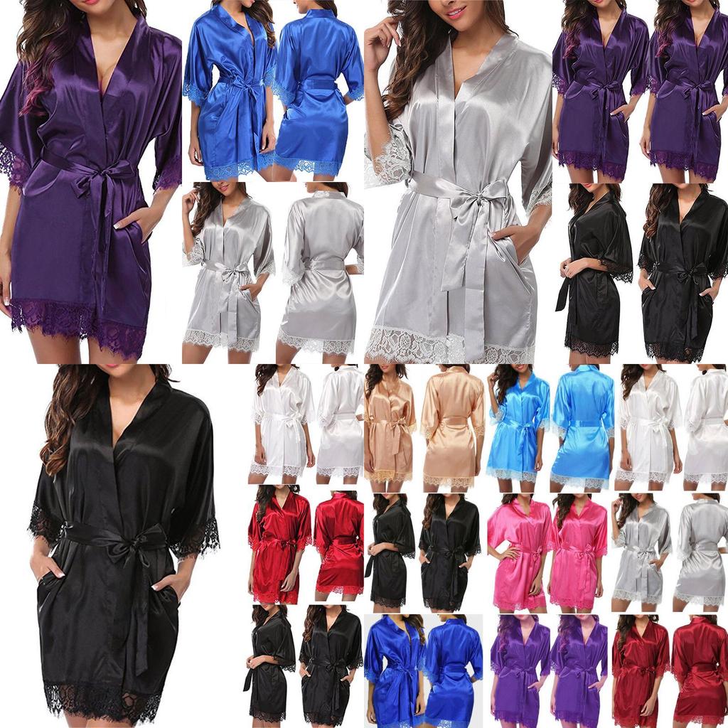 Silk Plain Womens Satin Robes Bridal Wedding Bridesmaid Bride Gown Robe Bath