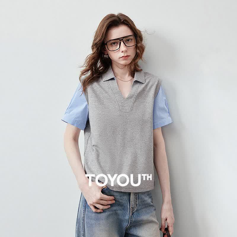 Women s Faux Two-Piece Patchwork Polo Short Sleeve T-Shirt S
