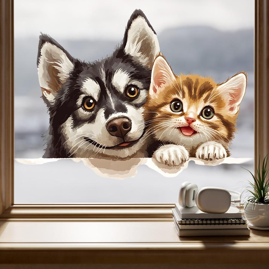 Cute Cat and Dog Peeking Watercolor Healing Window Stickers, Self-Adhesive Double-Sided Visible Decor for Bedroom Living Room Decoration