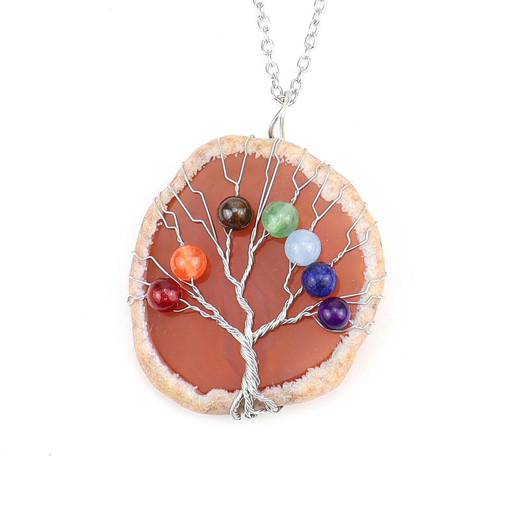 Handmade Silk Winding Tree Of Life Colorful Beads Natural Agate Sheet Pendant Necklace N634