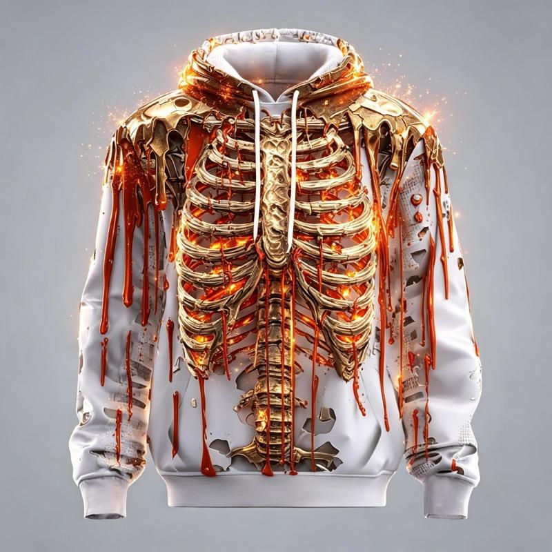 Men's Skeleton Ribcage Red Black Rose Full Print Hoodie Halloween Gothic Long Sleeve Hooded Sweatshirt For Club Street Style