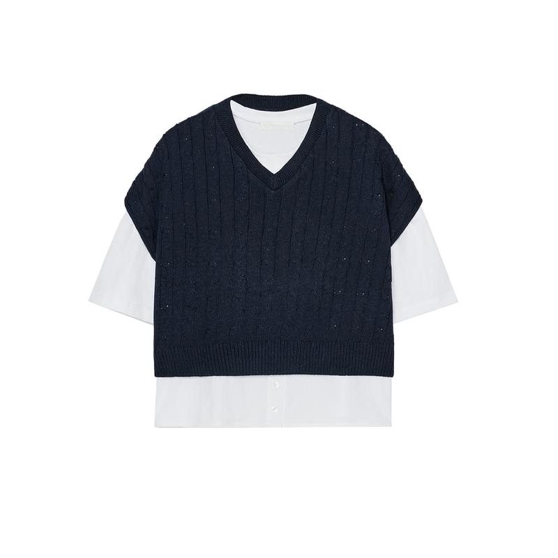 Spring New Women's Clothing Idle Style Vest Stitching Cotton Plaid round Neck Short Sleeve T-shirt Top 5644321