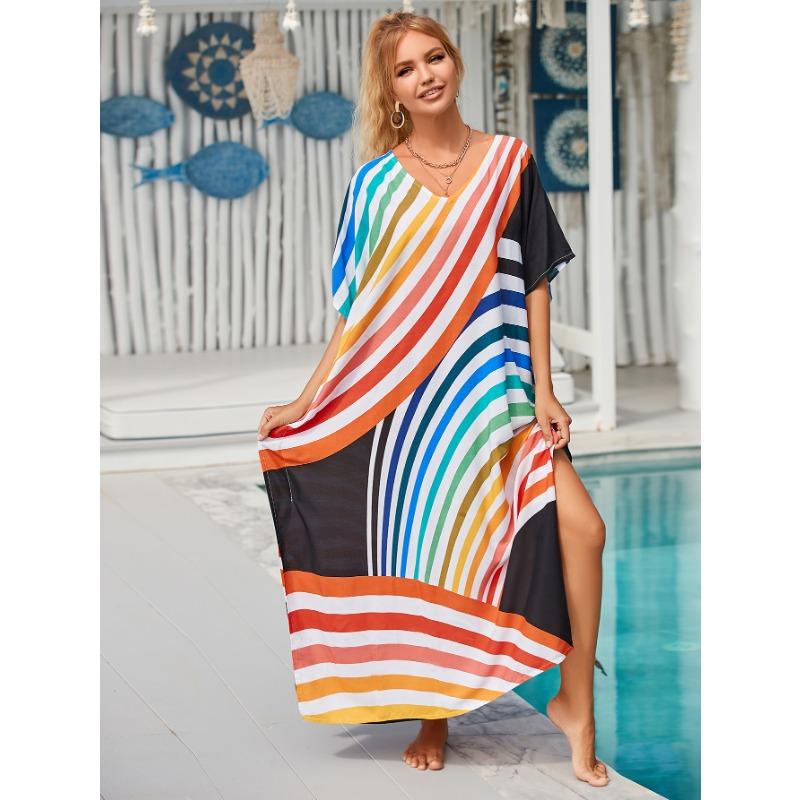 Moda Donna Estate Primavera Stampa a Blocchi di Colore Maniche 1/2 Scollo a V Linea Vita Lassa Abiti Casual