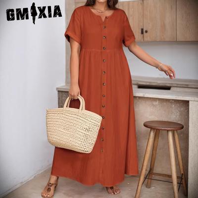 Plus-size Elegant Spring/summer Solid Color Loose High-waisted Cotton and Linen Dress