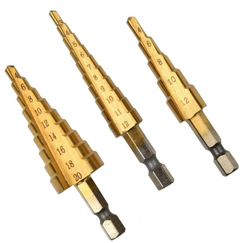 Sechskantschaft Geradgenutet Titanbeschichteter Stufenbohrer 3-12/4-12/4-20 Turmbohrer Goldener Körner Positionierwerkzeug-Set