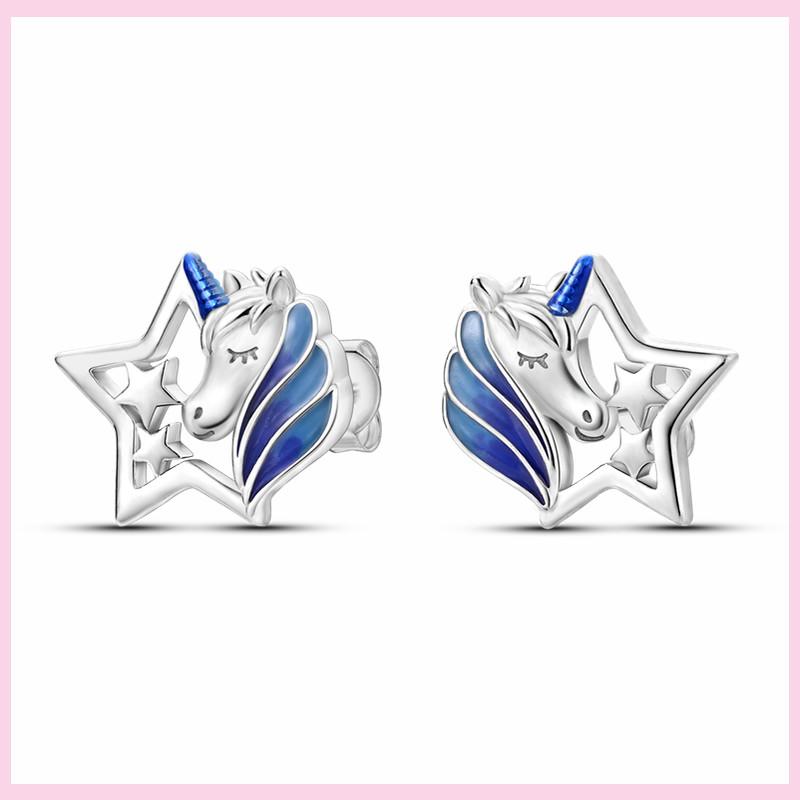 New 925 Silver Chameleon Unicorn Cute Stud Earrings Zircon Blue Eyes Flower Small Earrings For Women Girls Lovely Jewelry Gift