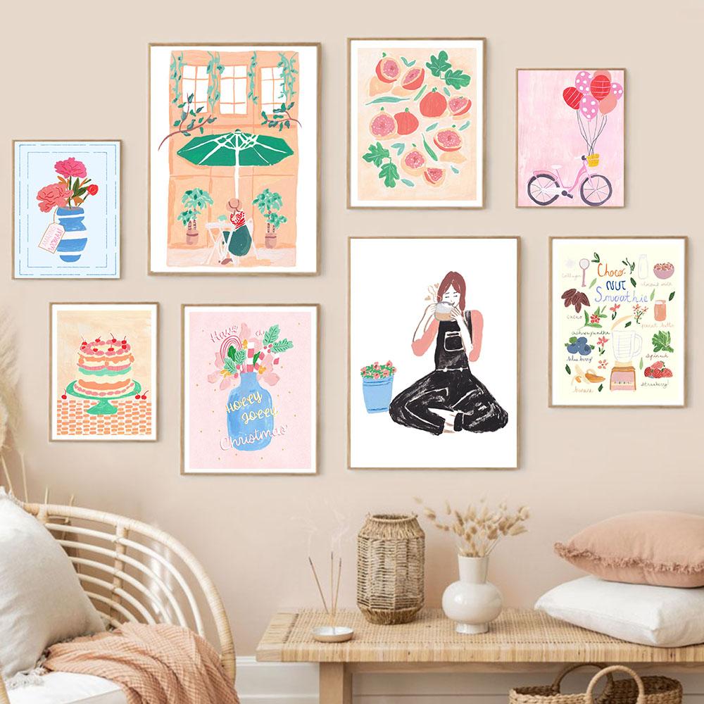 Pink Bike Balloon Poster Nursery Prints Wall Art Canvas Painting Still Life Cherry Cake Flowers Figs Fruit for Living Room Decor