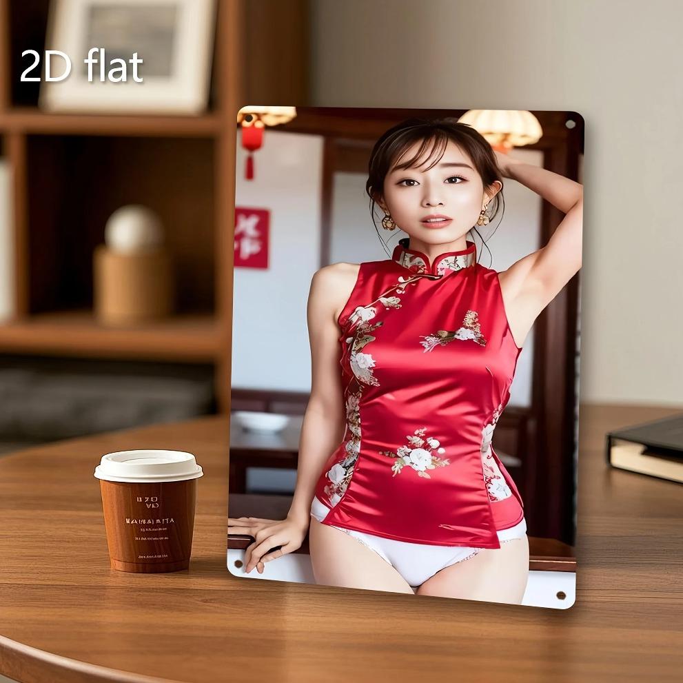 Tangpu Vintage Floral Tinplate Wall Art, Chinese Cheongsam Metal Decor for Living Room Garden, Weather-Resistant Indoor Outdoor