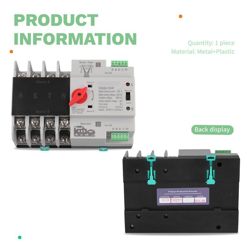 4P 125A AC220V Dual Power Automatic Transfer Switch Electrical Selector Switches Single Phase Din Rail Switch