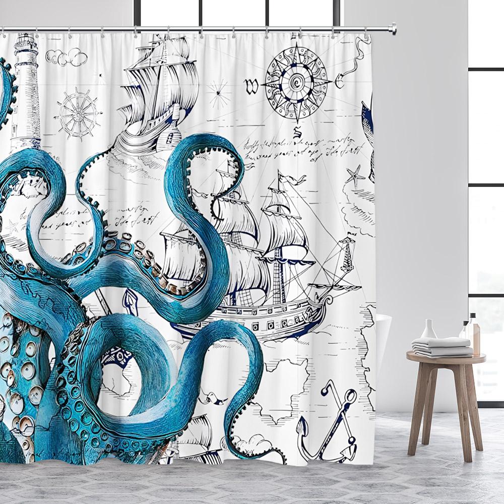 Ocean Sea Turtle Shower Curtain Seahorse Starfish Seagrass Fish Animals Underwater Scenery Fabric Bathroom Curtains Decor Set