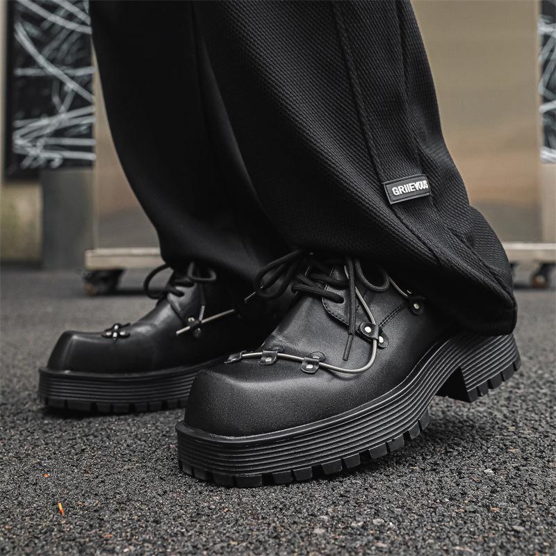 Men's Platform Derby Shoes Square Head Black Mens Business Casual Leather Shoes Retro Designer Patent Leather Men Zapatos Hombre