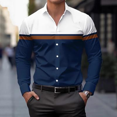 2025 Men's 3D Printed Contrast Color Lapel Design Formal Shirt Long Sleeve Casual Button-Down Shirt