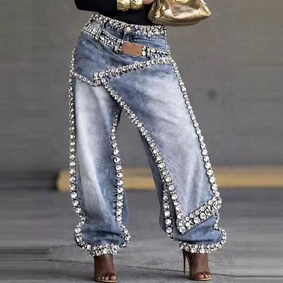Women's Mid Rise Rhinestone Asymmetric Wide Leg Jeans Loose Fit Vintage Washed Denim Trousers