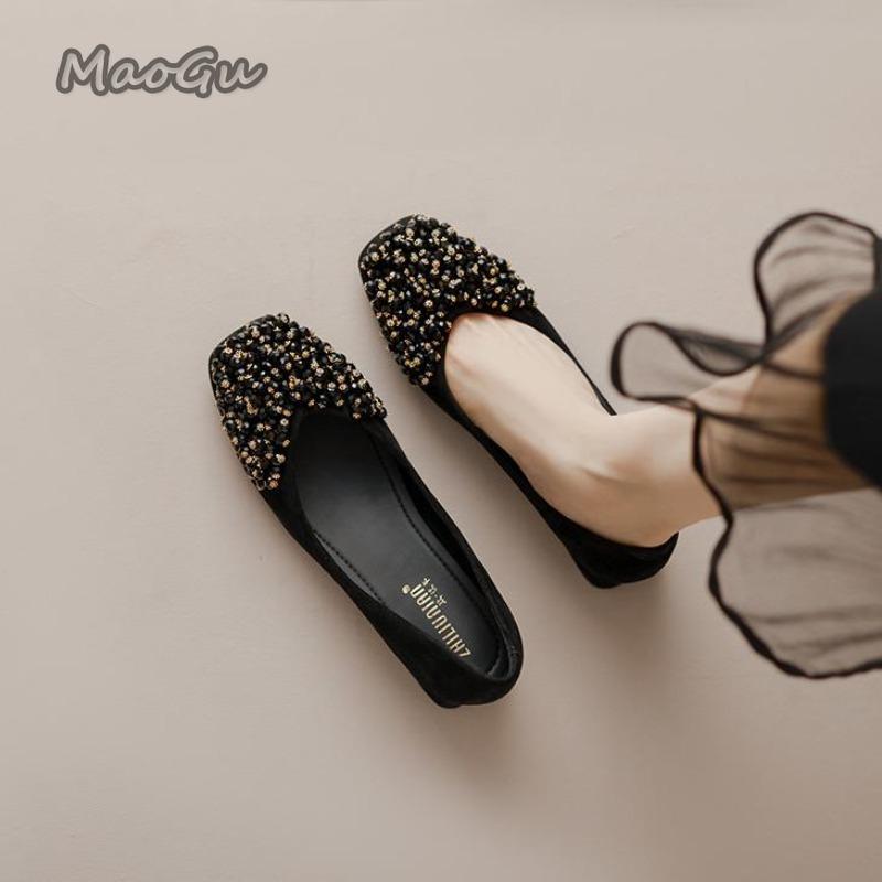 Fashion Elegant String Beaded Fashion Slip-On Women Shoes Square Toe Medium Heel Versatile Casual Velvet Summer Loafers Chaussures Femme