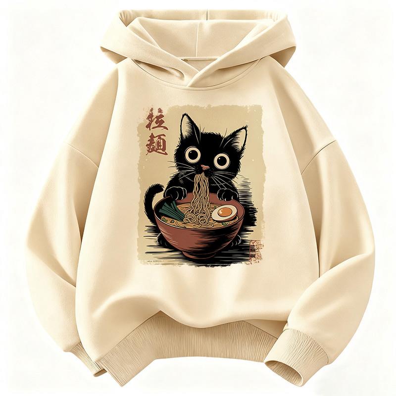 Retro Japanische Ramen Katze Hoodie Manga Kinder Katze Kinder Sweatshirt Niedlicher Kapuzenpullover für Jungen Mädchen Herbst Winter Freizeit Kapuzenpullover 150 beige